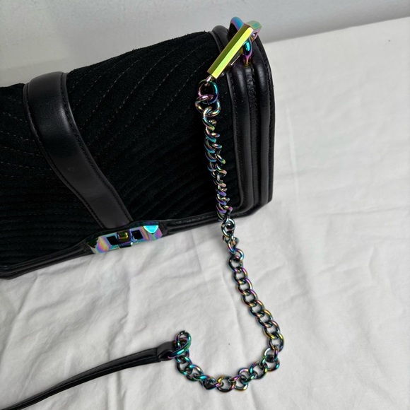 Rebecca Minkoff Oil Slick Suede Iridescent Love Chevron Quilted Crossbody Bag - Picture 12 of 16